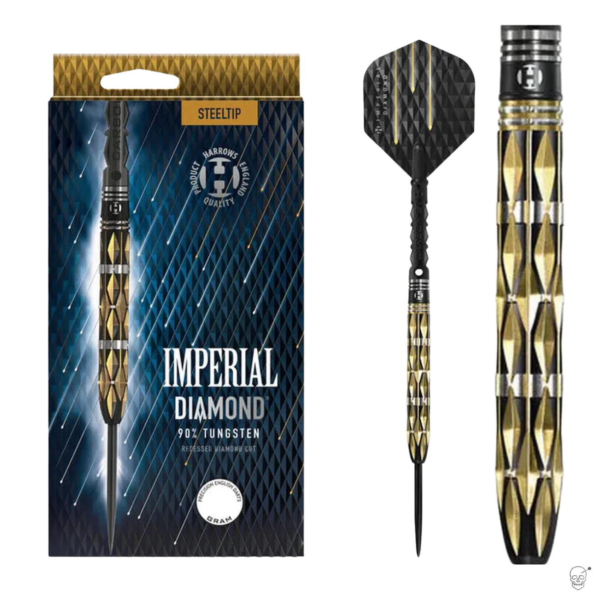 Steel tip 90% tungsten dart with diamond-cut barrel texture, gold and black finish, shown in packaging and full dart view on white background