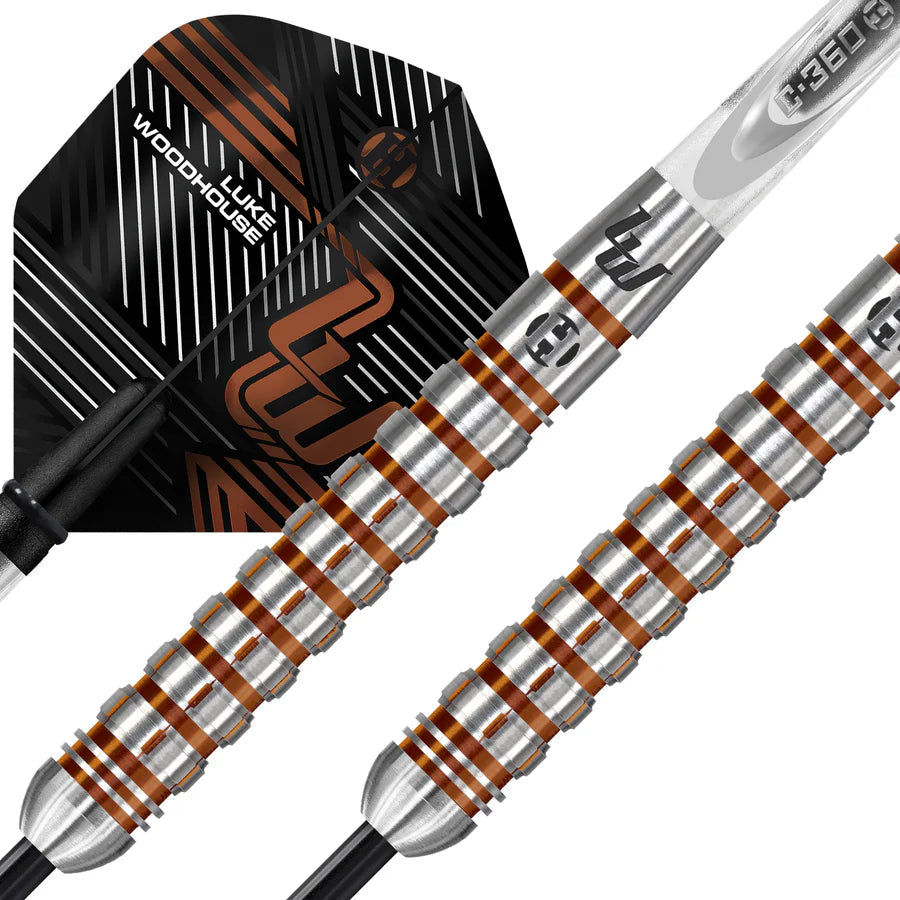 Macro close-up of 90% tungsten darts showing grooved barrel grip texture and Luke Woodhouse signature flight design