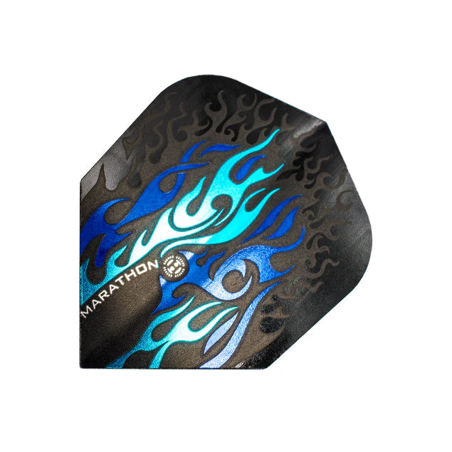 Close-up of No.6 dart flight with blue flame design, black background, Marathon text, 100 micron dart accessory