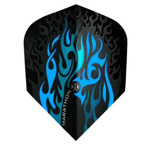 Single No.6 dart flight close-up with blue and black flame pattern, sharp fold, isolated on white background