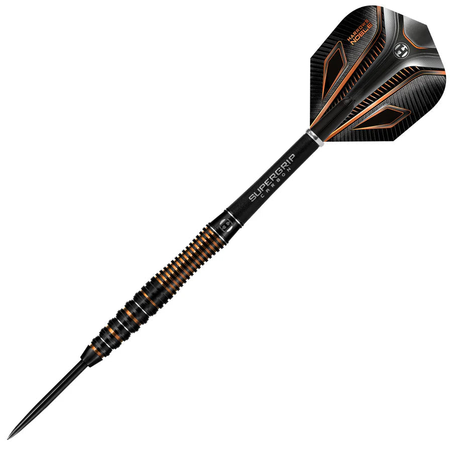 90 percent tungsten dart full view on white, highlighting precision grip barrel, sharp steel tip, and aerodynamic flight design