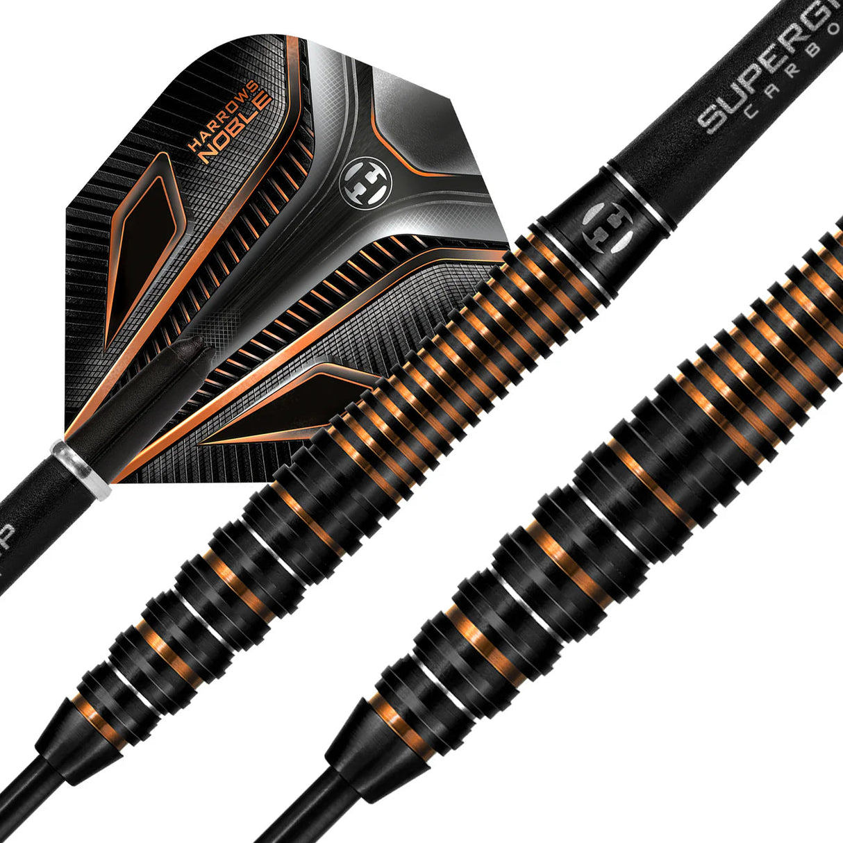 Close-up of 90% tungsten darts with black and gold precision grip rings, barrel milling detail, and geometric dart flight design.