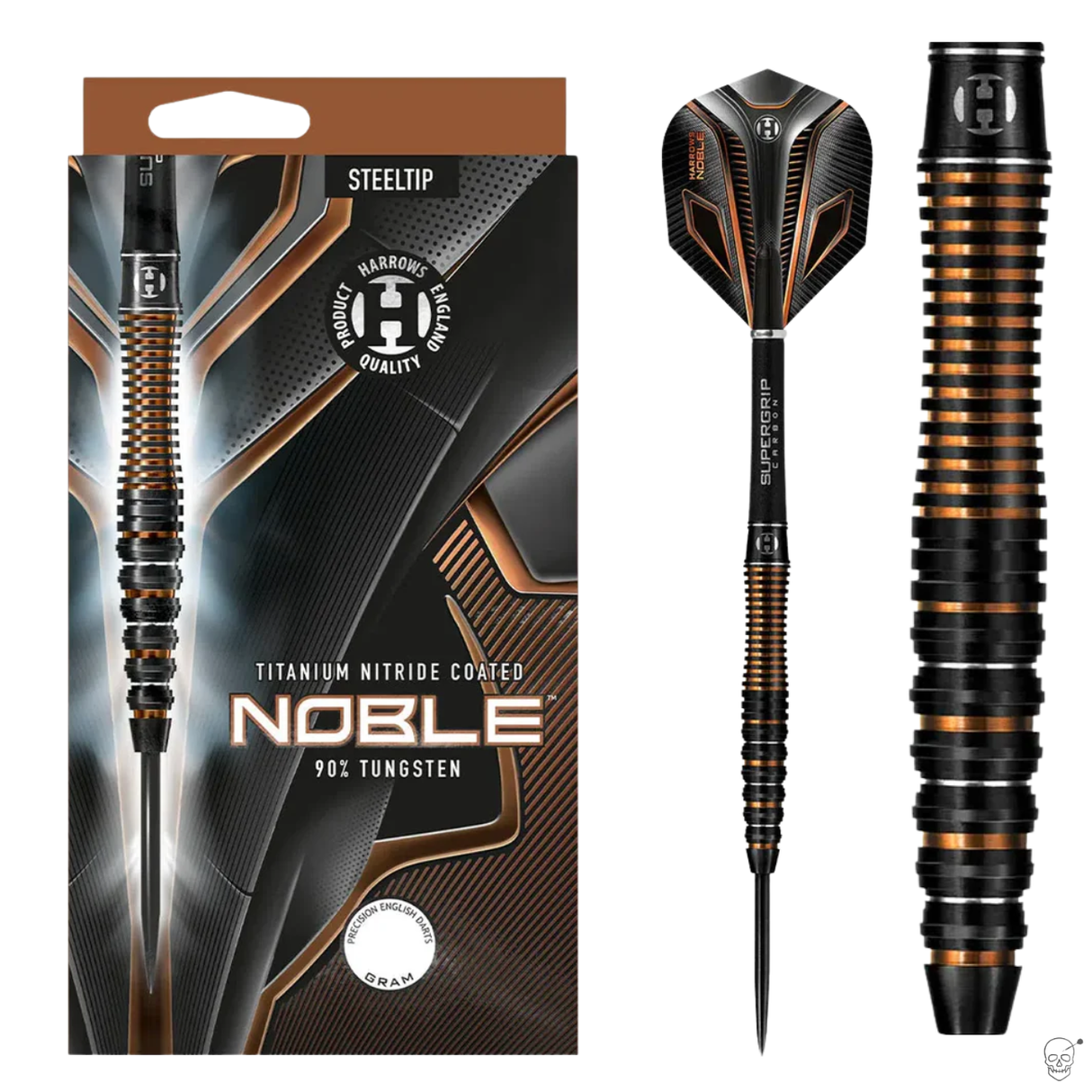 Steel tip tungsten dart full view with titanium nitride coated barrel, orange-black rings, and packaging, highlighting grip texture