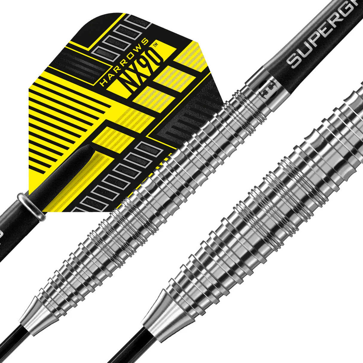Close-up macro of NX90 90 tungsten darts highlighting precision ringed grip barrels and yellow black flight, isolated on white background