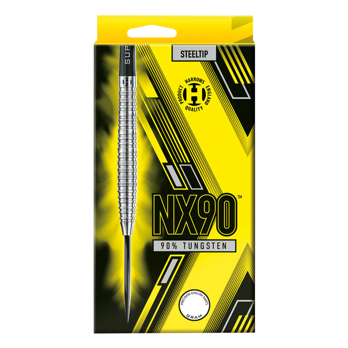 Steel tip NX90 90% tungsten dart in retail packaging, showcasing ringed barrel grip, precision steel tip design