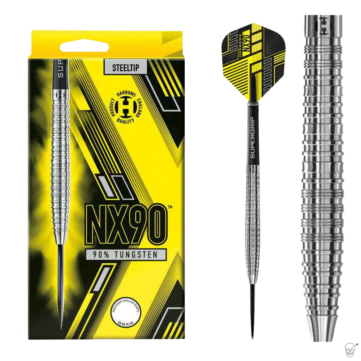 Steel tip tungsten darts set in retail packaging, full dart on white, and macro of ringed barrel grip for precision