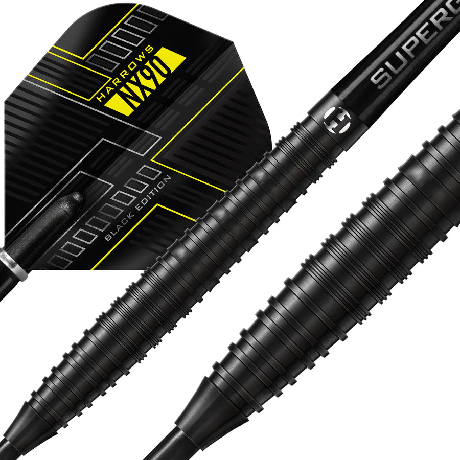 Close-up of NX90 Black 90% tungsten dart barrel with precision grip rings and matching black flight design