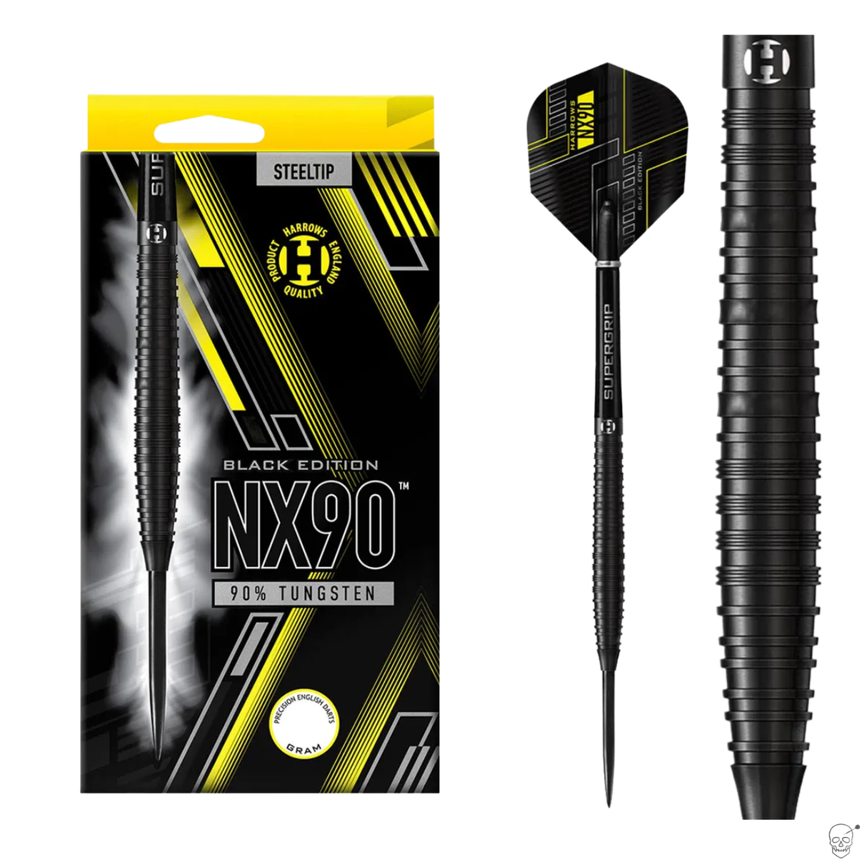 Black NX90 90% tungsten steel tip dart showcased in packaging, full dart view, and macro close-up of ringed barrel grip texture