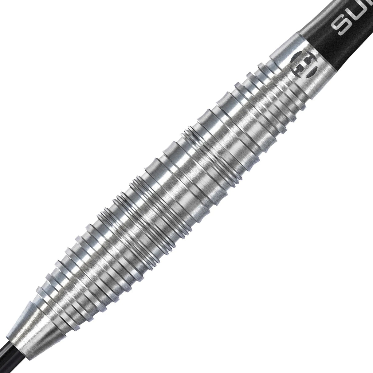 Close-up of NX90 Bomb 90 percent tungsten dart barrel showing detailed ringed grip texture, isolated on white background