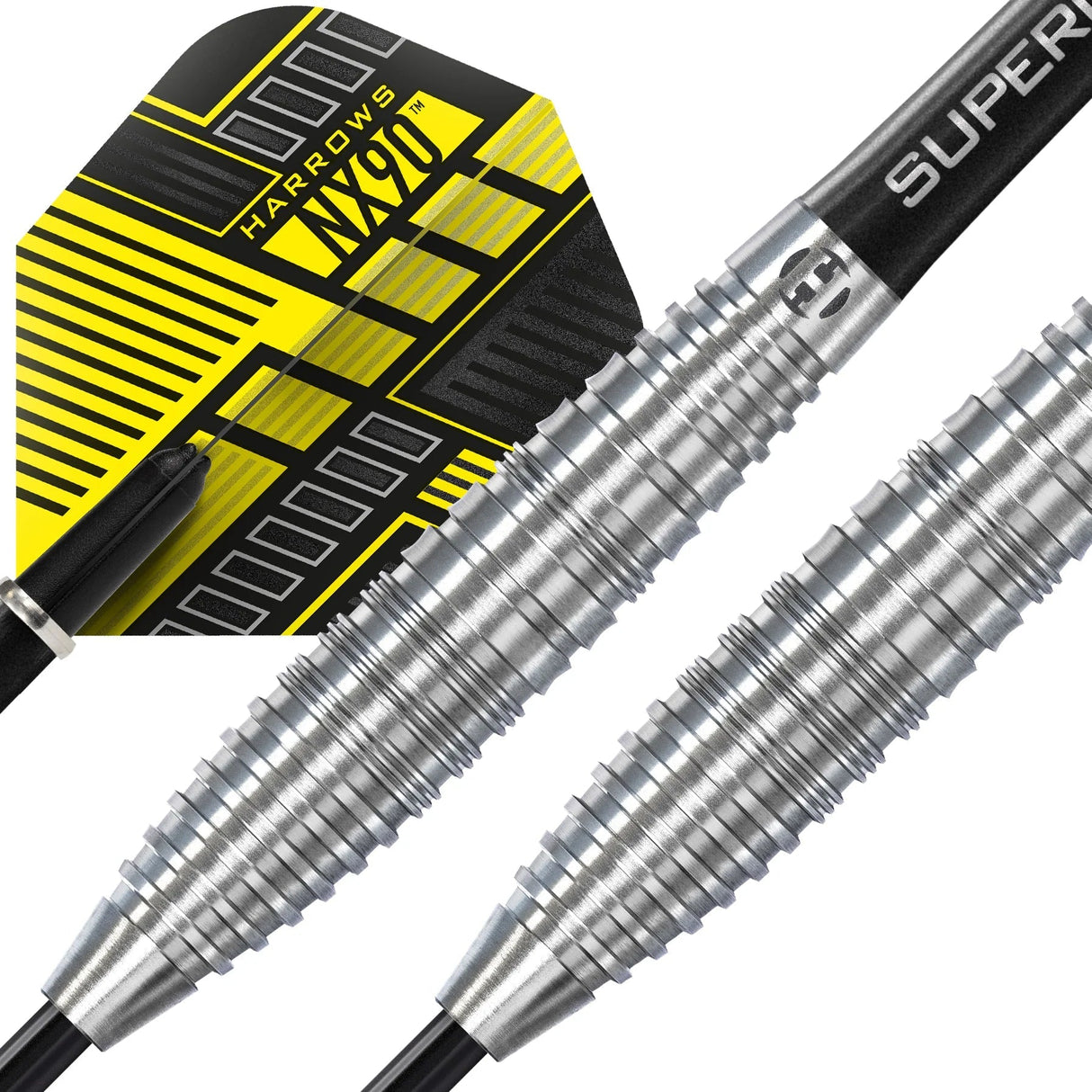Close-up of 90 percent tungsten darts with precision ringed barrel grip and yellow-black flight, macro view for dart buyers