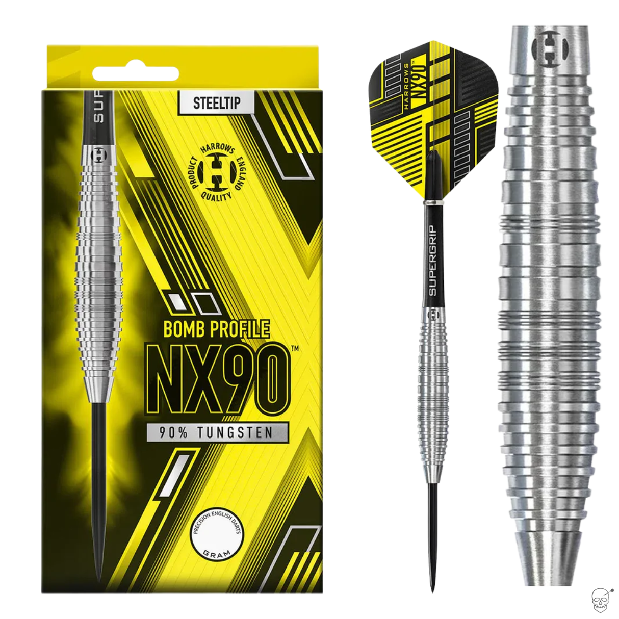 Full view of NX90 Bomb 90% tungsten steel tip dart in packaging, close-up of ringed barrel grip, and assembled dart with yellow flight