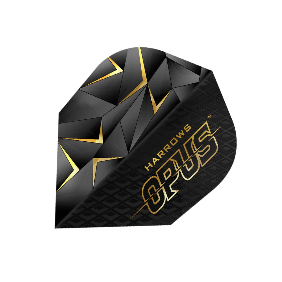 Close-up angled view of black and gold No.6 dart flight, 100 micron thick, showcasing geometric design and Opus logo