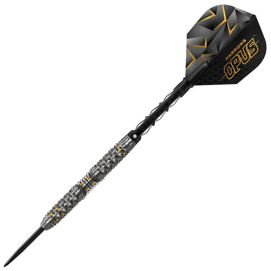 Steel tip dart full view isolated on white, featuring acute facet milled 90% tungsten barrel, black shaft, and geometric patterned flight