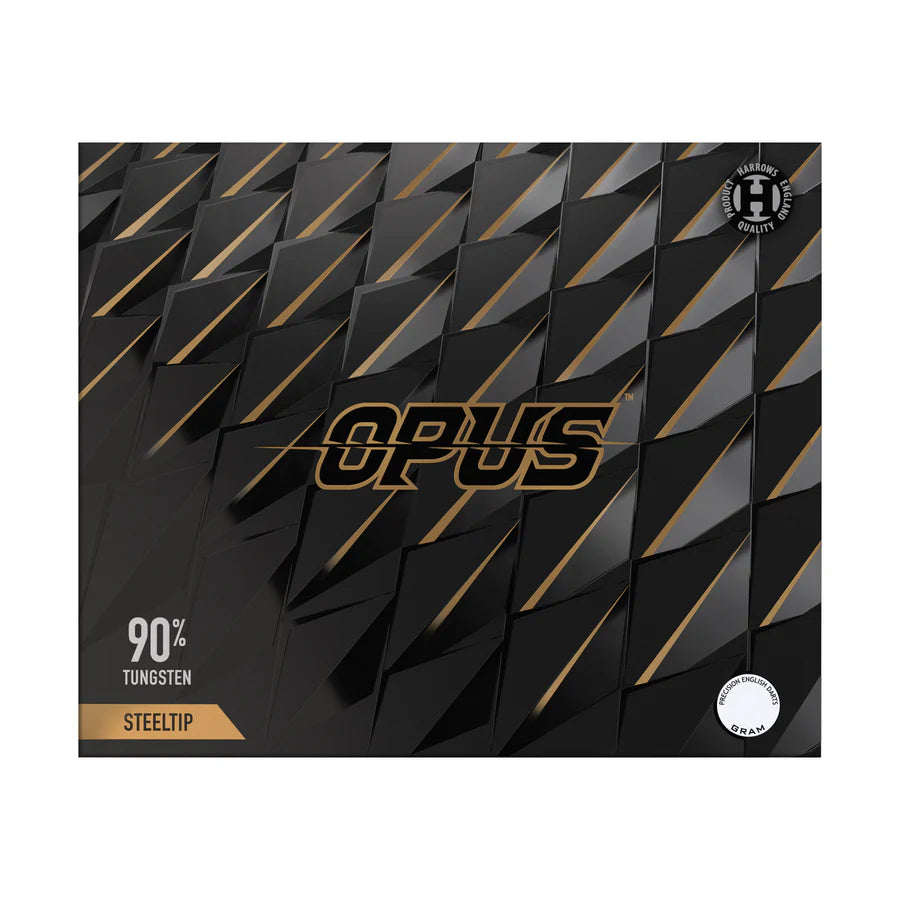Front view of Opus 90 percent tungsten steel tip darts box packaging with geometric black and gold design