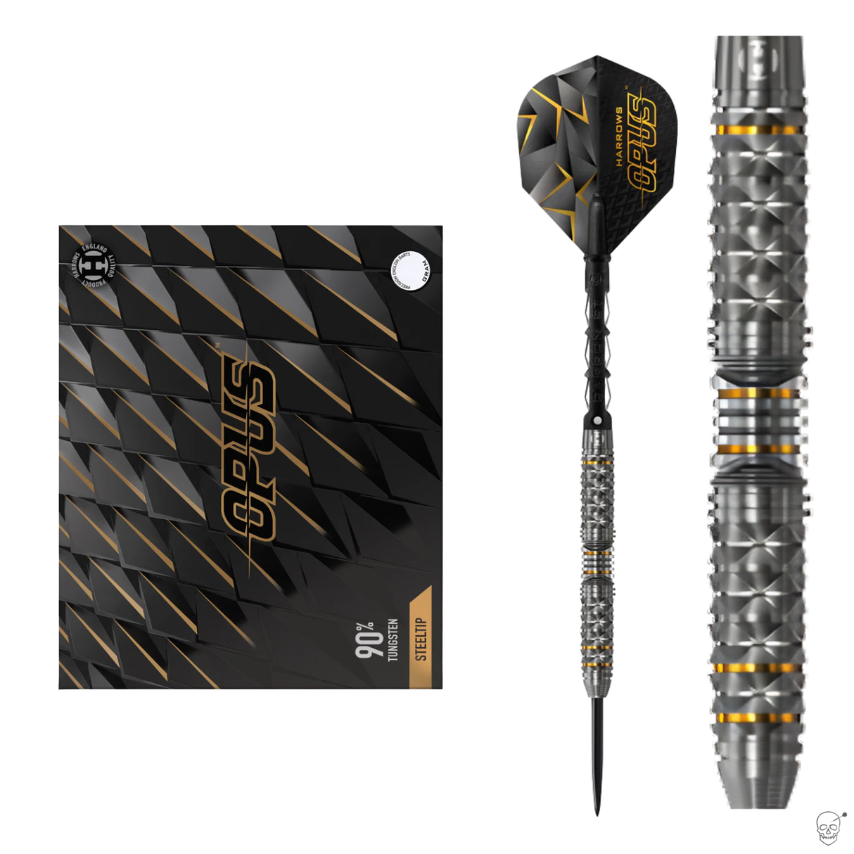 Steeltip tungsten dart with acute facet grip, close-up barrel texture, and branded packaging, isolated on white for darts buyers