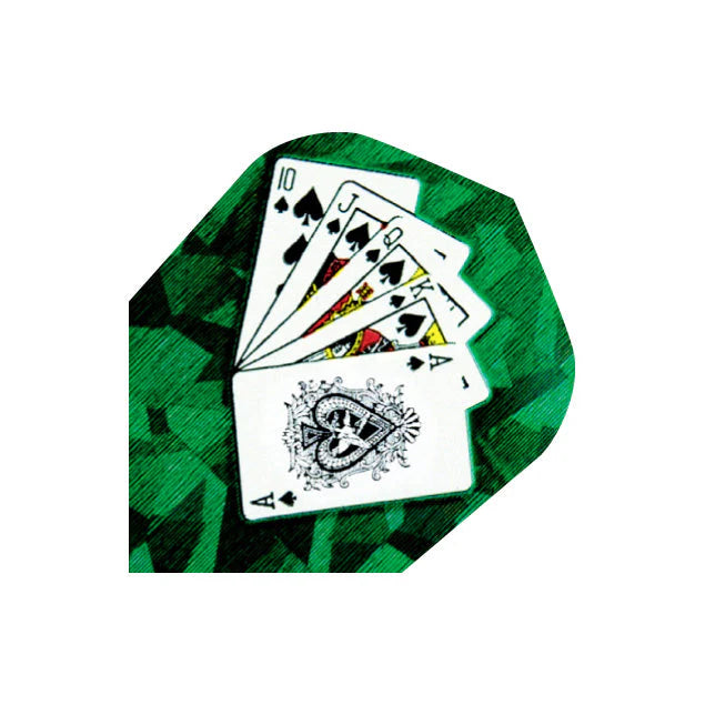 Close-up of dart flight featuring hologram playing cards design, green geometric background, isolated on white for darts accessories