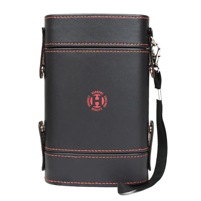 Black darts case with red stitching and wrist strap, full product view on white background, ideal dart storage accessory