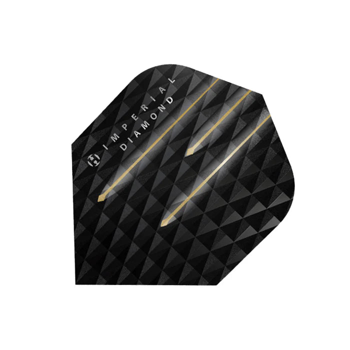 Close-up of Imperial Diamond No.6 dart flight, black with 3D geometric texture and gold lines, isolated on white background