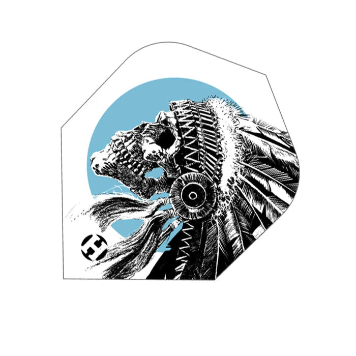 Close-up of No.6 dart flight featuring detailed Indian skull and feather headdress design, isolated on white background