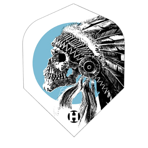 No.6 shape dart flight with detailed Indian skull design, isolated on white background, showcases graphic for dart players