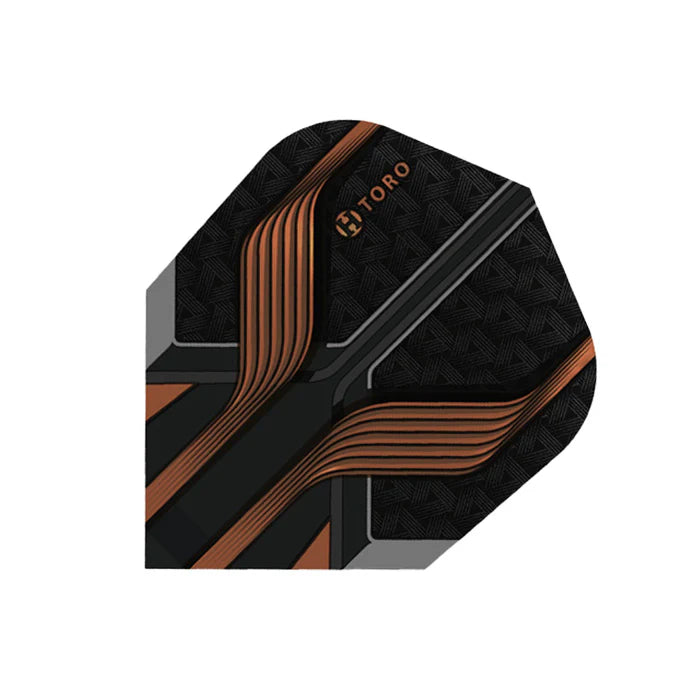 Single No.6 dart flight full view, isolated on white, highlighting 100 micron thickness, textured black and copper geometric design