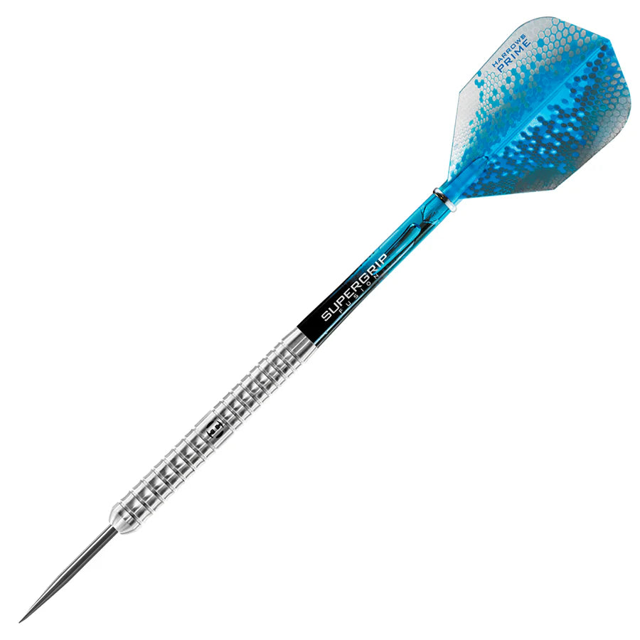 Single 90% tungsten dart full view on white background with precision grip barrel, sharp steel tip, and blue Supergrip flight.