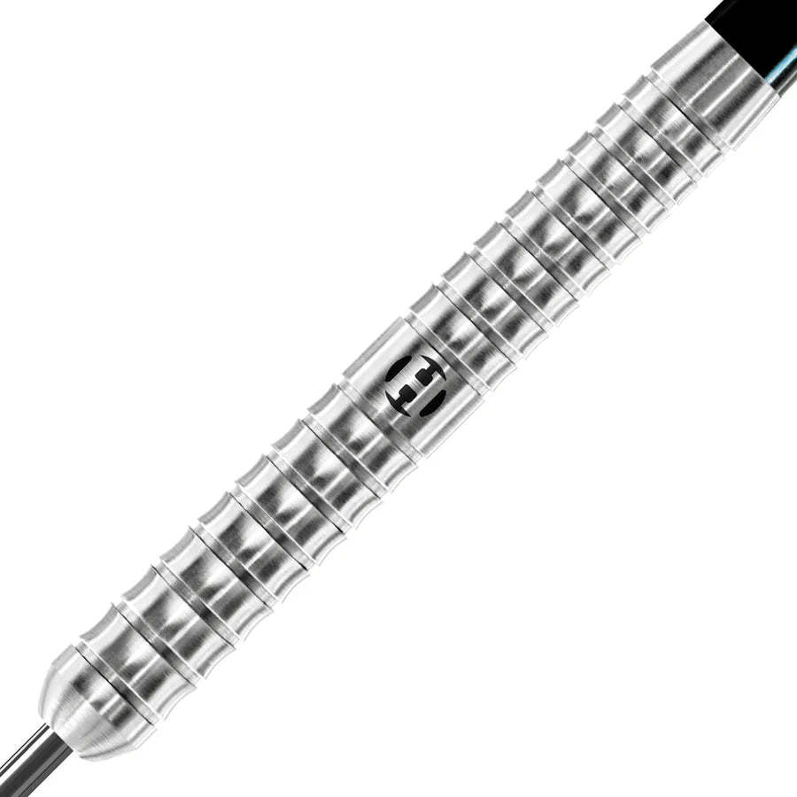 Close-up angled shot of 90 percent tungsten dart barrel with precision ringed grip and sharp recessed grooves for enhanced dart control