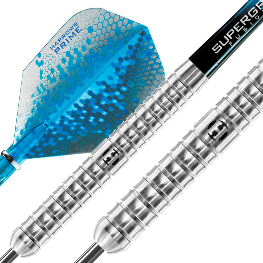 Close-up of 90% tungsten darts showing curved ringed grip, precision barrel grooves, and blue hex pattern flights on white background