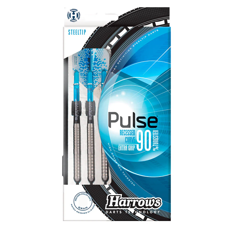 Set of three 90% tungsten steel tip darts in retail packaging, showing recessed curve barrel grip and blue Supergrip shafts