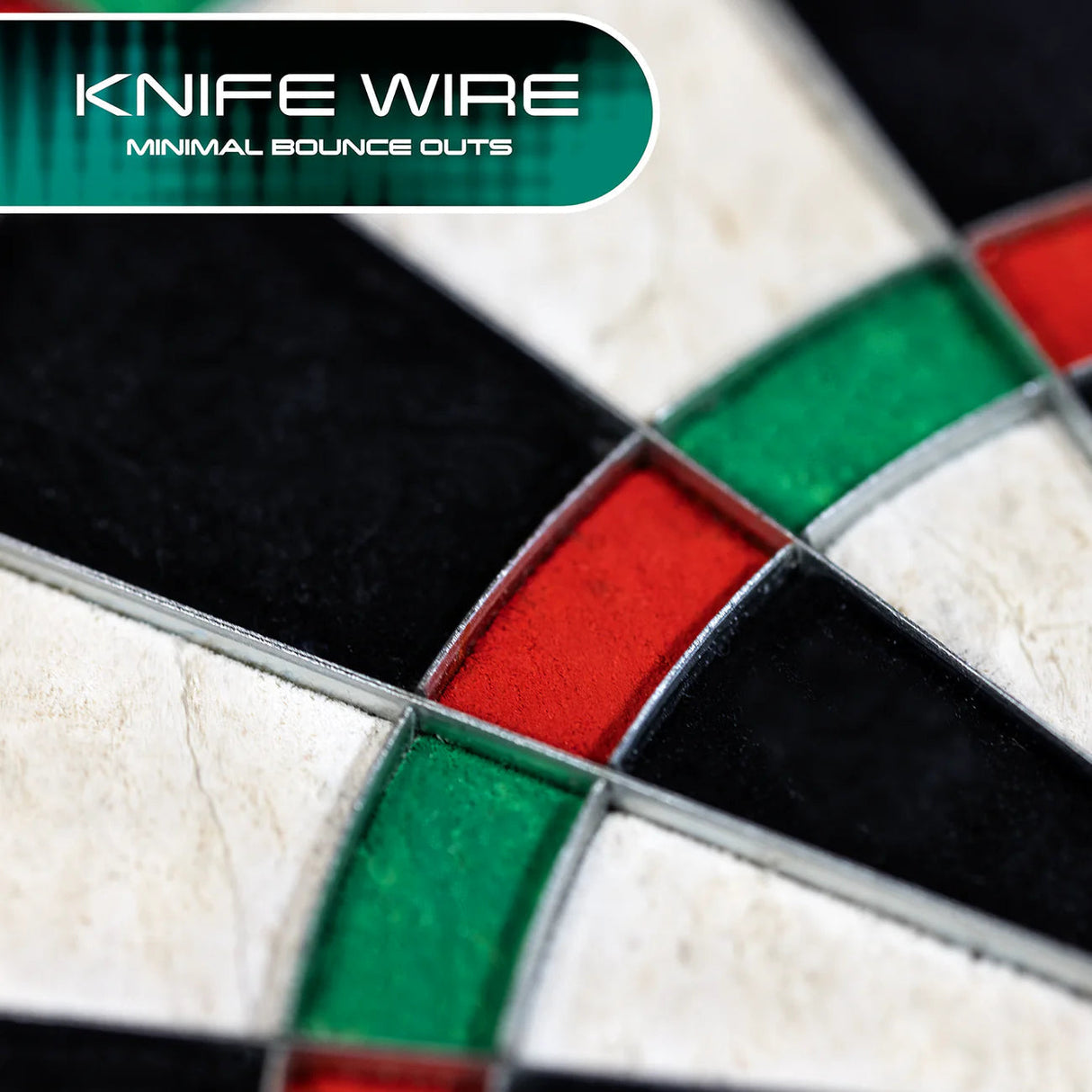Macro view of dartboard knife wire detail, showing red, green, black scoring zones and minimal bounce out wiring