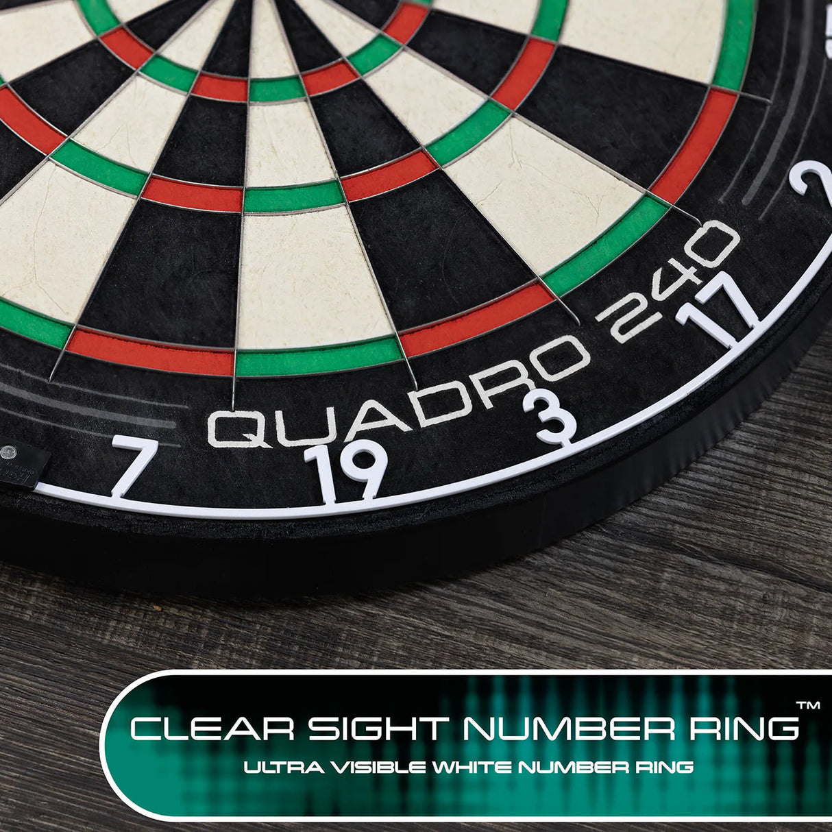 Close-up of Quadro 240 dartboard showing clear sight white number ring, bold segment colors, and detailed scoring zones
