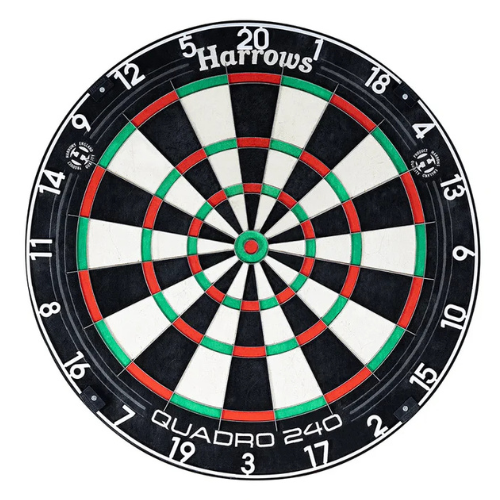 Full dartboard top-down view showing Quadro 240 scoring, distinct colored segments, and numbers for darts players