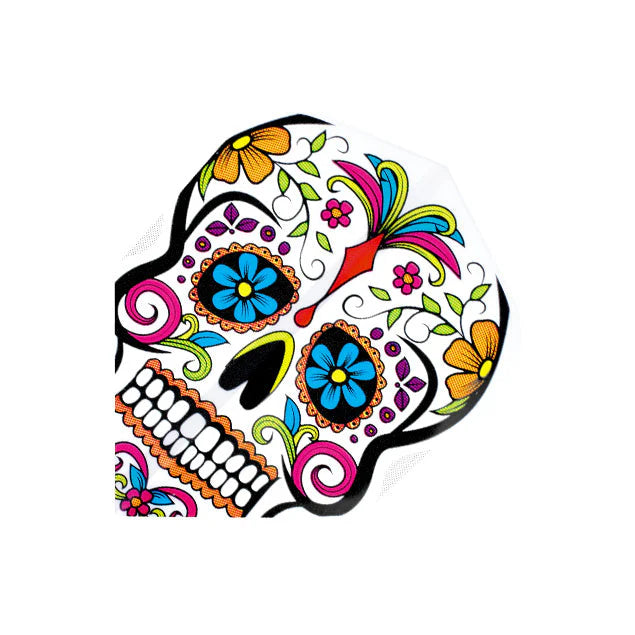 Close-up of Quadro No.6 dart flight featuring vibrant skull and floral artwork on white background