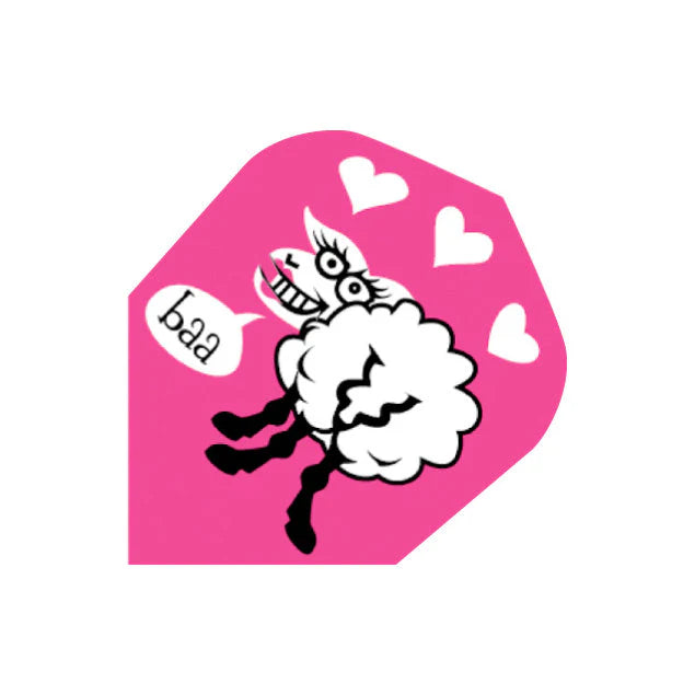 Close-up of No.6 dart flight with pink background, cartoon sheep graphic, heart details, and speech bubble saying 'baa', isolated on white.