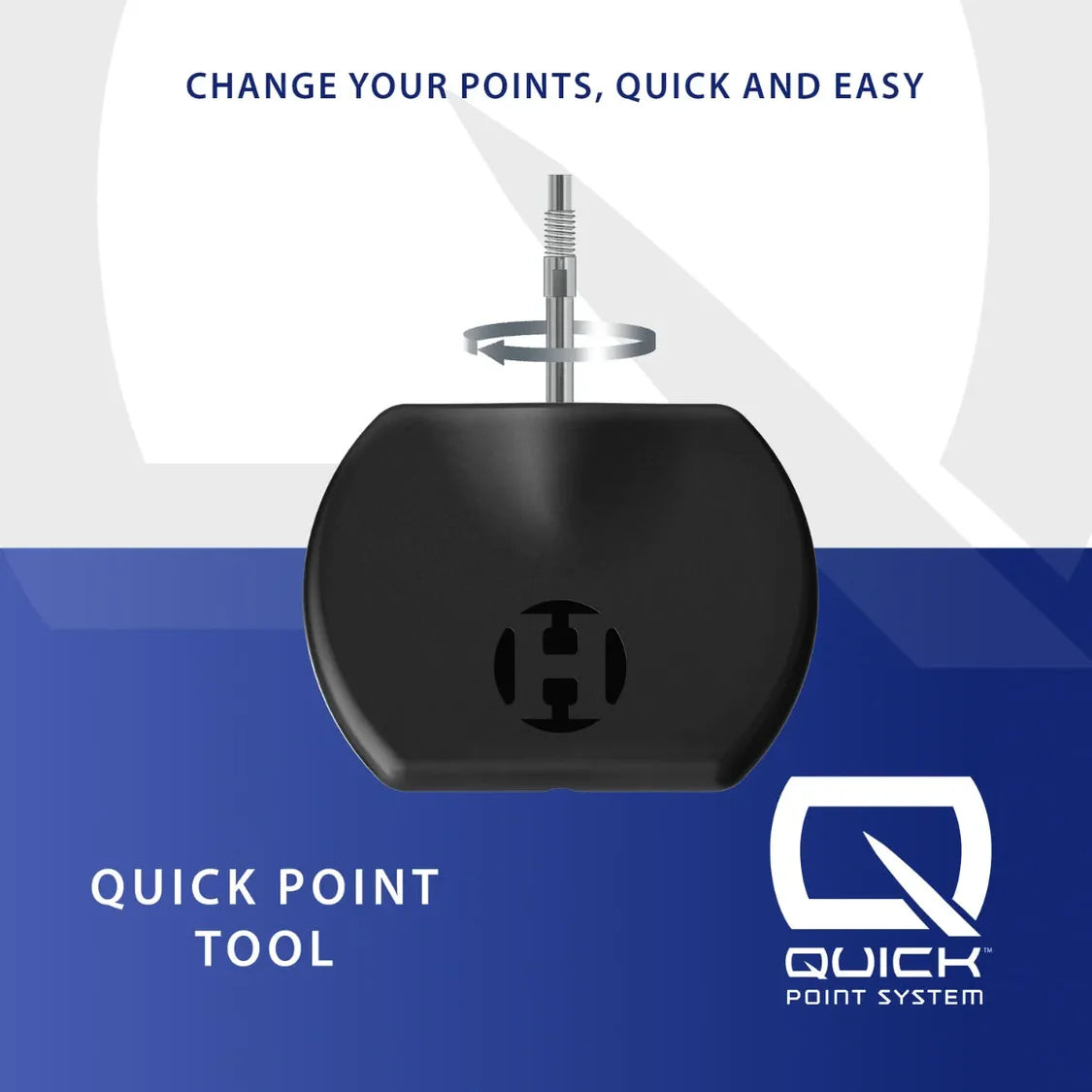 Dart point tool full product view showing quick-change mechanism, isolated on white and blue background for dart equipment
