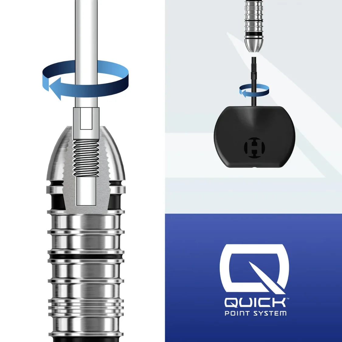 Close-up diagram of Quick Point Tool unscrewing steel dart point, highlighting threading mechanism and point replacement system.