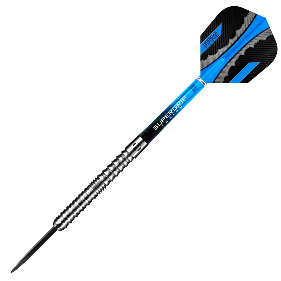 Angled full view of 90% tungsten dart with sawtooth grip barrel, blue Supergrip shaft, and black flight on white background