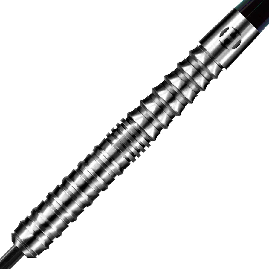 Close-up of 90% tungsten dart barrel with acute sawtooth grip texture, detailed rings, isolated on white background