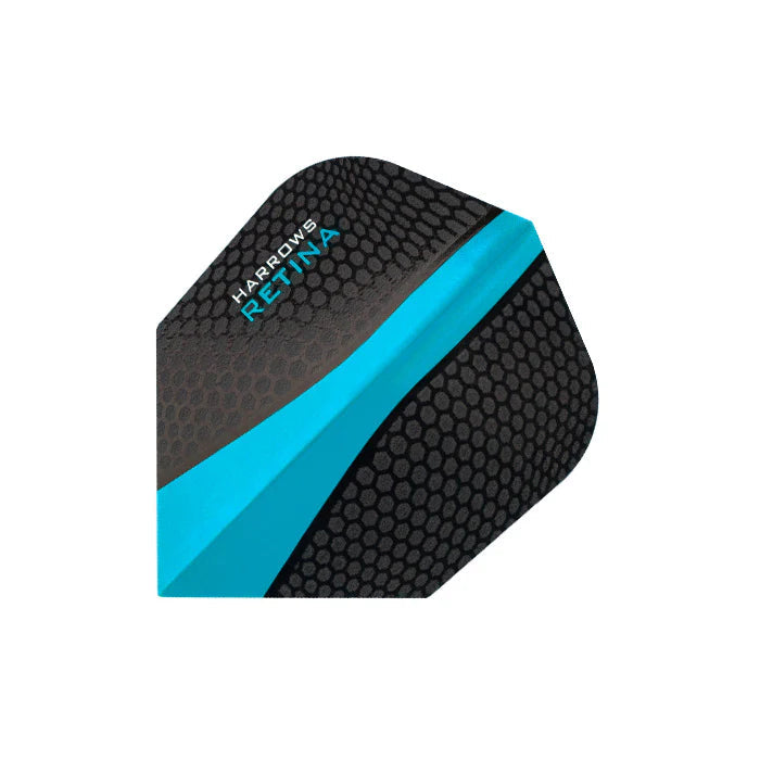 Close-up of Retina Aqua No.6 dart flight, black honeycomb texture with vivid aqua blue stripe, isolated on white background