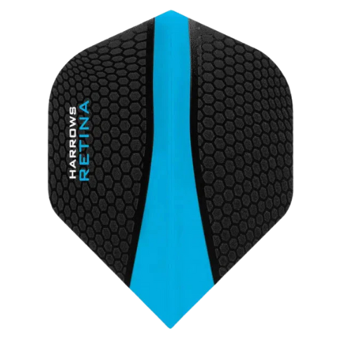 Close-up dart flight with black honeycomb texture and aqua blue stripe, No.6 shape, isolated on white background