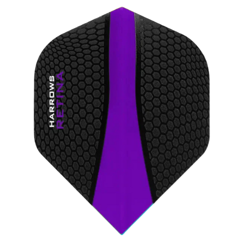 Top-down view of a Retina Purple No.6 dart flight, black hex pattern texture with bold purple stripe, isolated on white background.
