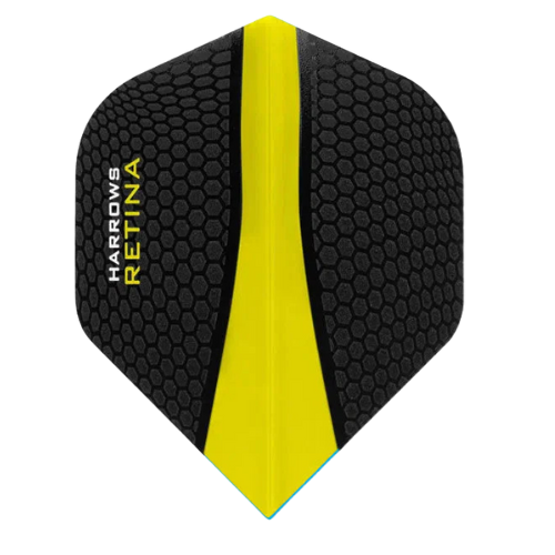 Single Retina Yellow No.6 dart flight in full front view, hexagonal textured black surface with central yellow stripe, isolated on white