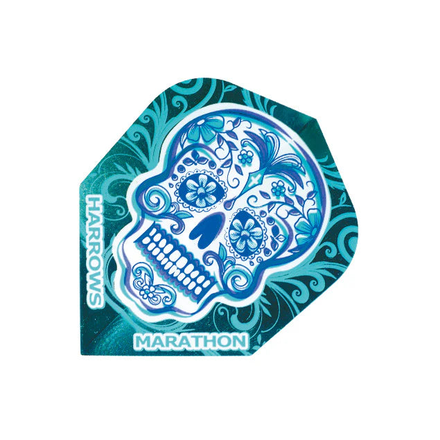 No.6 dart flight with blue skull artwork, full product view, isolated on white background, 100 micron Marathon style