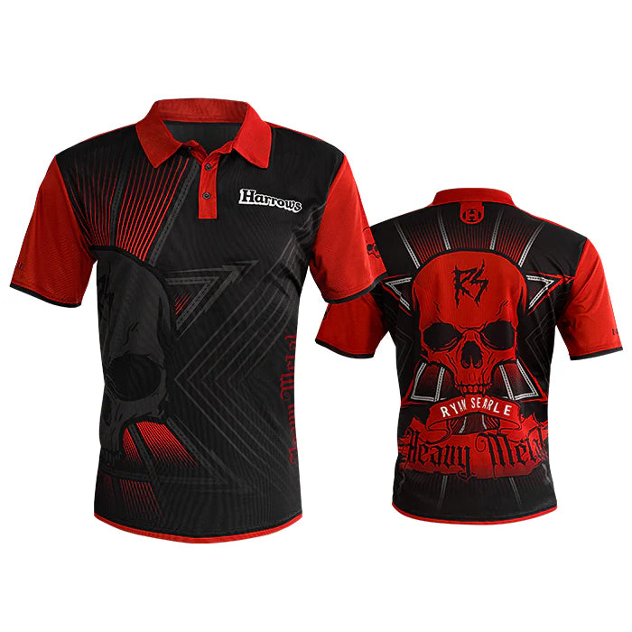 Front and back view of Ryan Searle darts shirt with skull design, isolated on white, showcasing Quick-Dri fabric for dart players