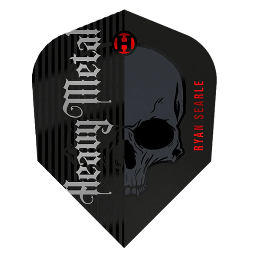 Close-up of Ryan Searle G2 No.6 dart flight, black heavy metal skull design, single flight isolated on white, sharp dart accessory detail
