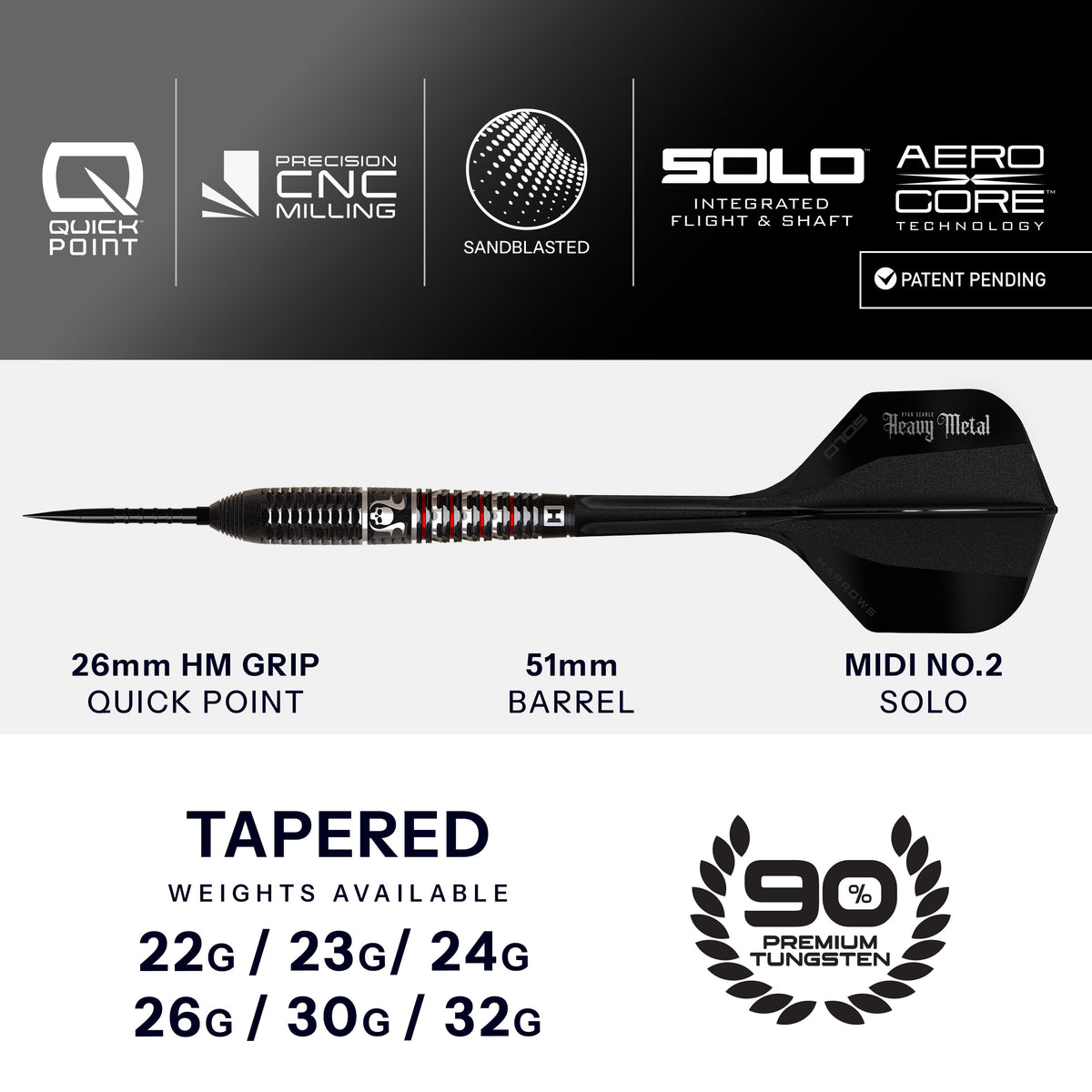 Ryan Searle Geo dart specification: 51mm tapered barrel, 26mm HM Grip Quick Point and Midi No.2 Solo, 22g to 32g