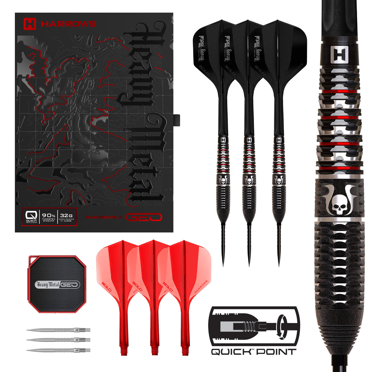 Harrows Ryan Searle Geo 90% tungsten Quick Point darts with Heavy Metal Solo No.2 flights, Quick Point case and retail box