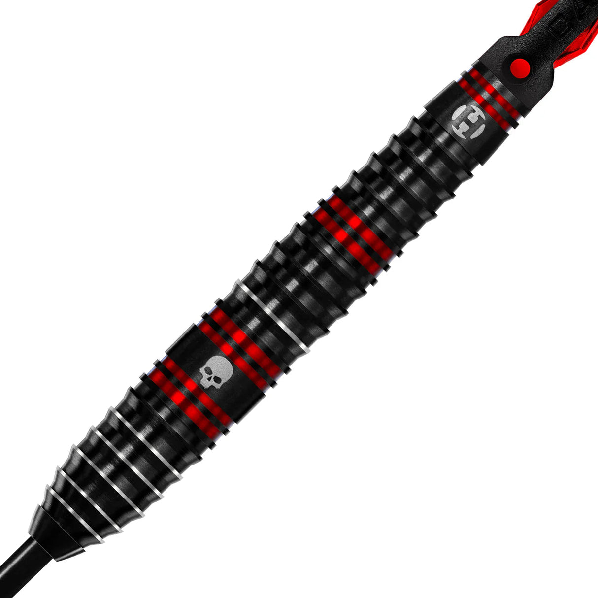 Close-up of dart barrel with black and red grooves, skull engraving, and precision grip rings for tungsten darts