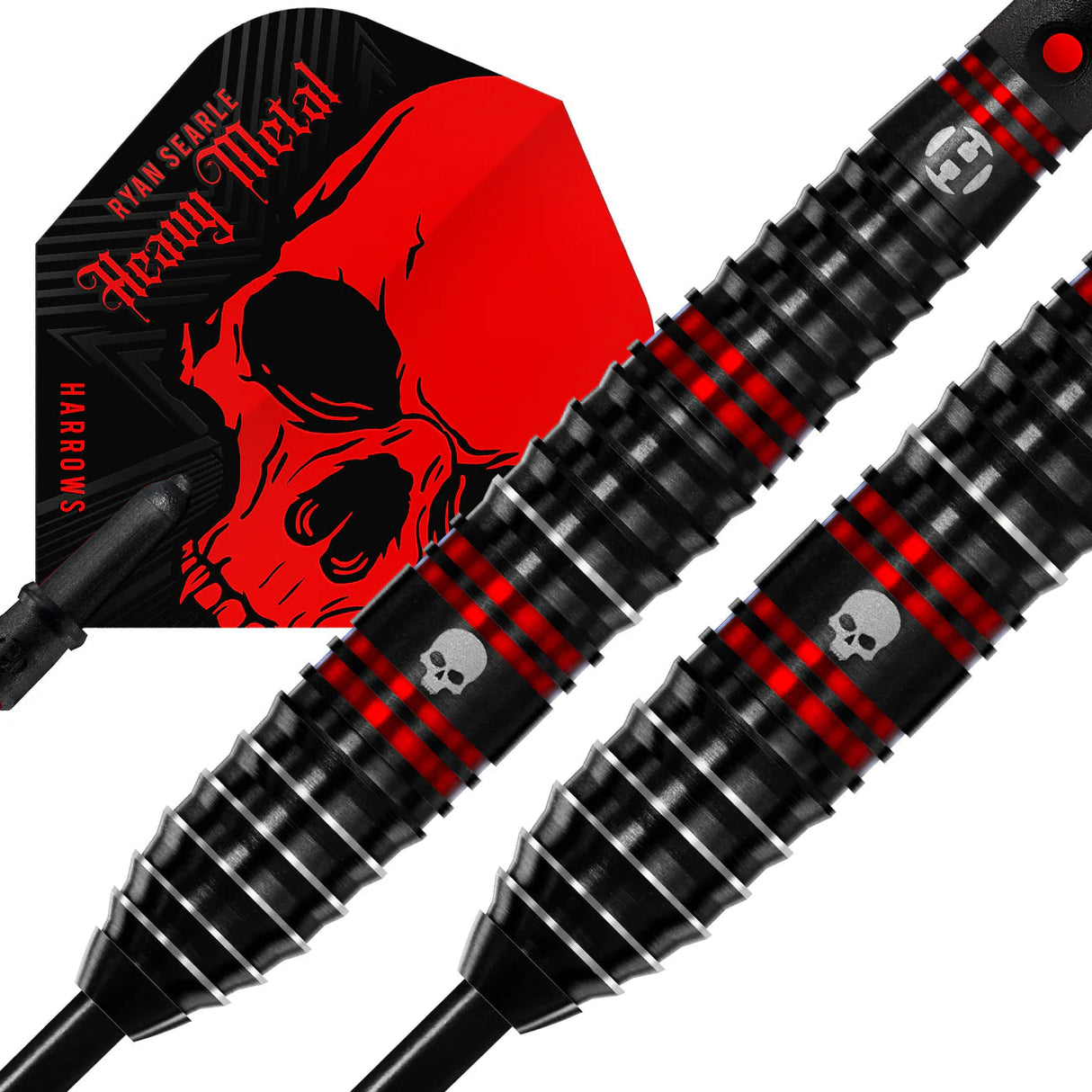 Close-up of Ryan Searle Heavy Metal tungsten darts showing skull engraving, black and red grip rings, and red skull flight design