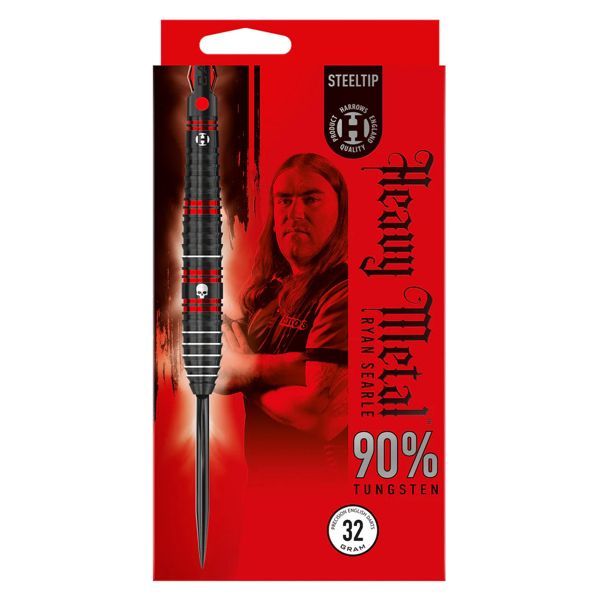 Steel tip 90% tungsten dart in retail packaging, textured grip with red rings, skull detail, 32g weight, full product display